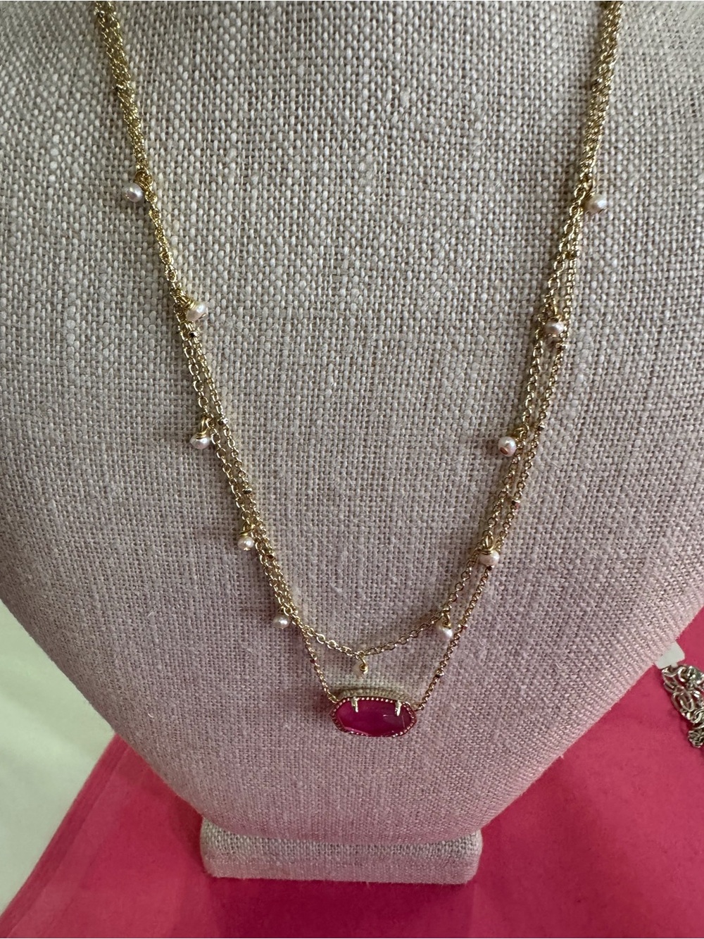 Kendra Scott Gold Layered Necklace with Hot Pink Stone